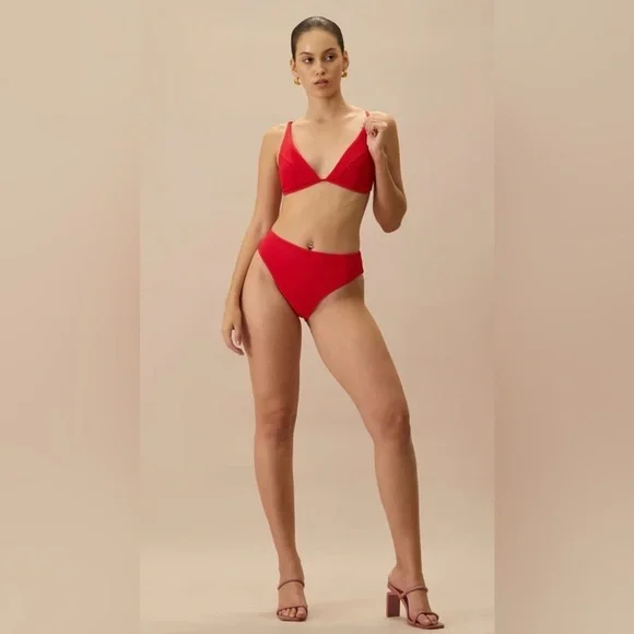 Rihoas The Red Ribbed Cross Back Bikini Top and high waisted bikini bottom Set S - Picture 3 of 8